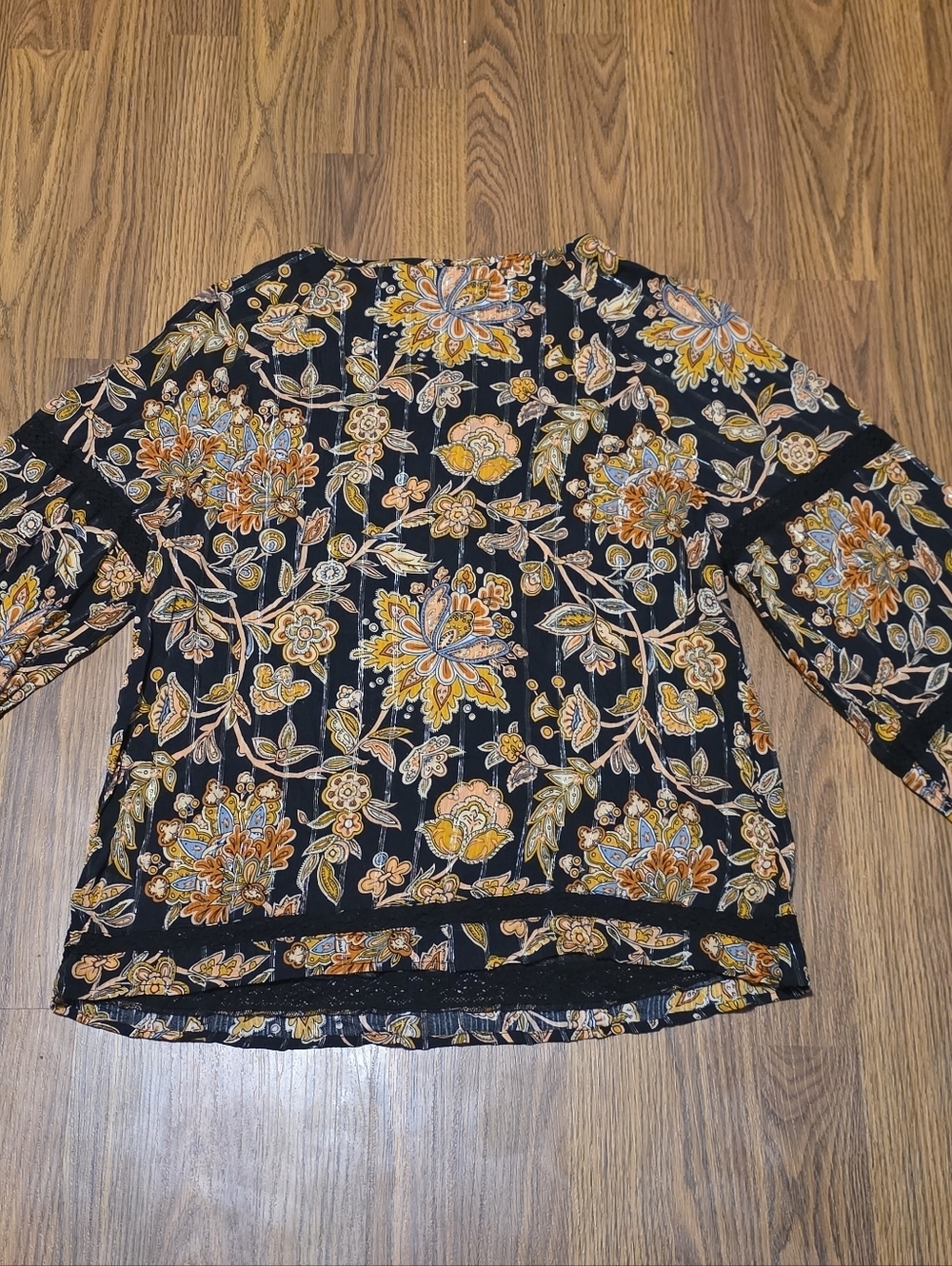 Cleo Petites M Black Gold Floral Boho Peasant Blouse Tassel Tie Long Sleeve Top - Picture 5 of 11